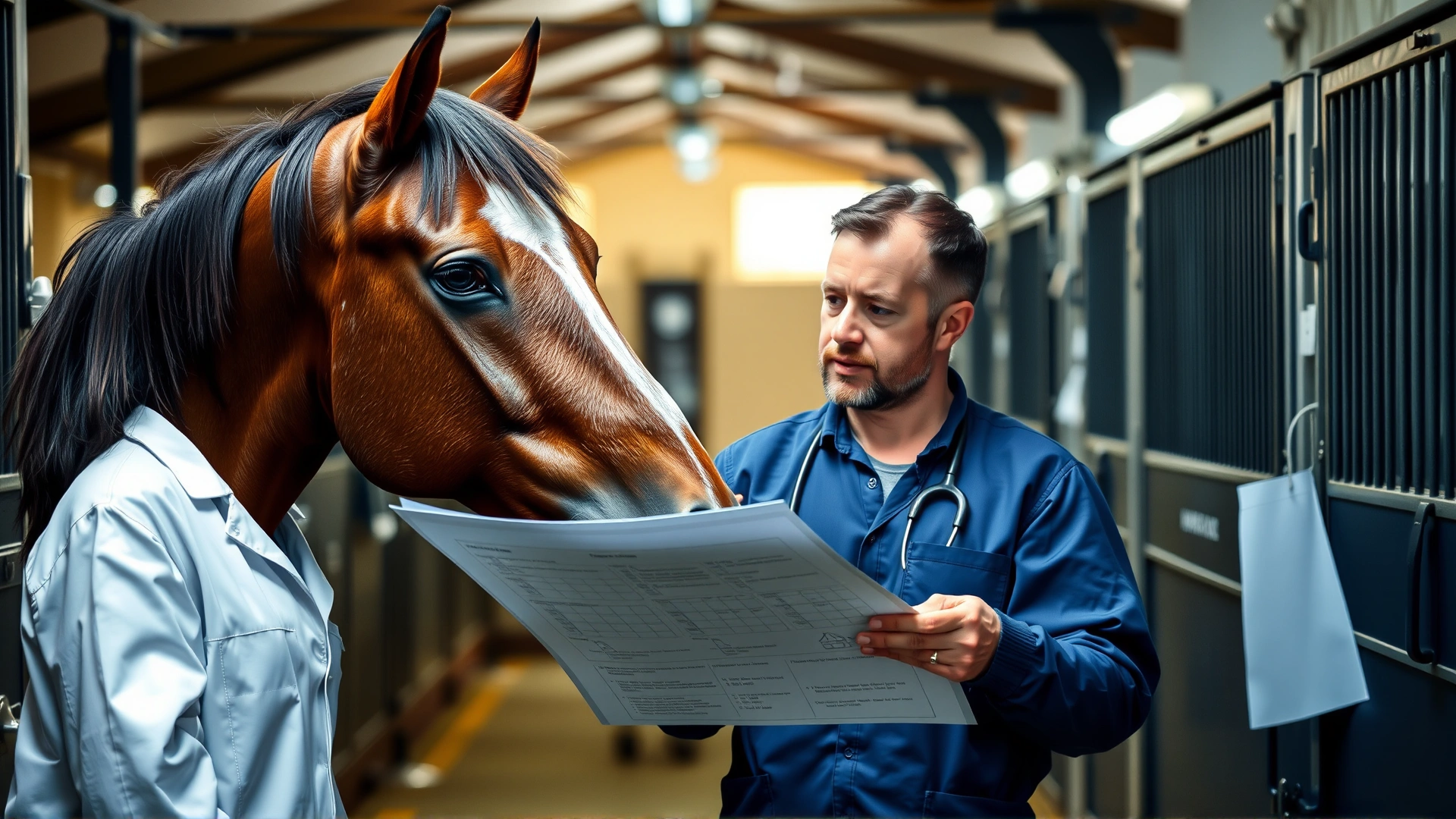 Veterinarian and horse owner discussing a medical chart beside a bay horse in a stable aisle, both showing attentive expressions.