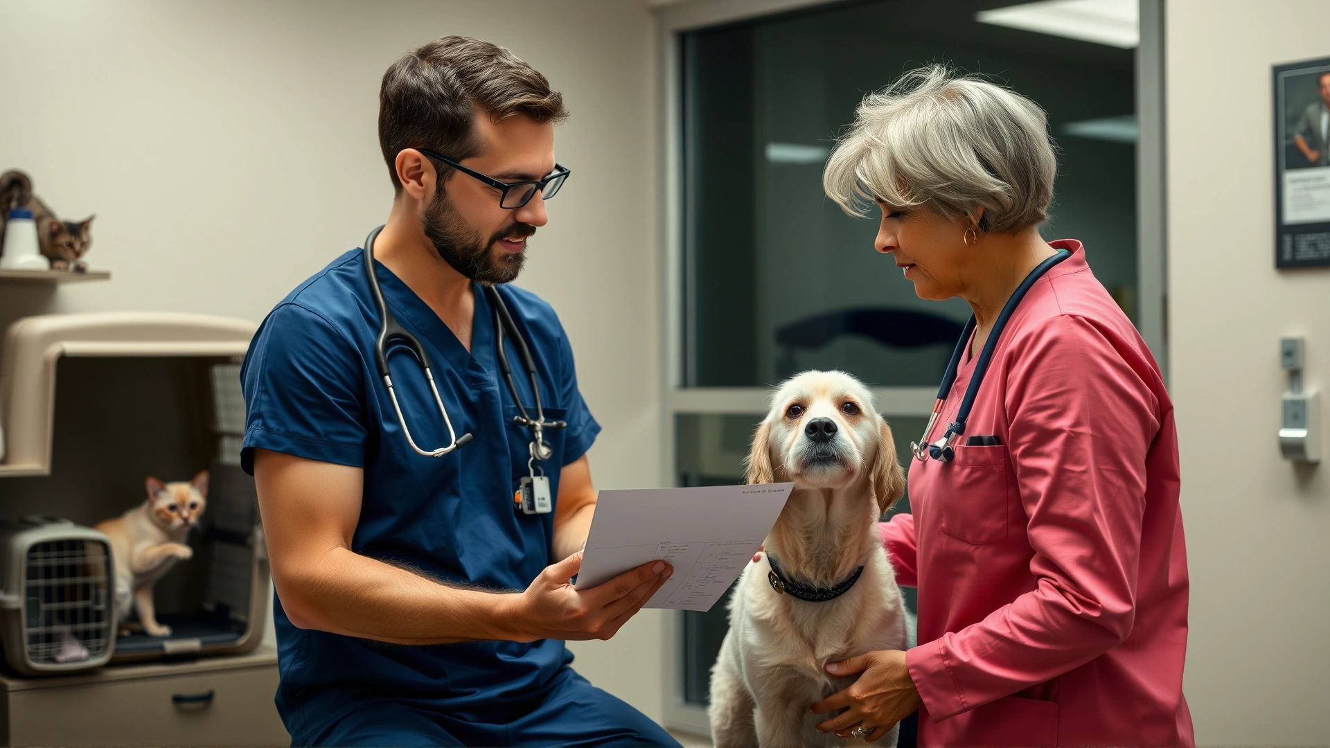Pet owner discussing treatment plan with a veterinarian in a modern clinic; dog and cat carriers visible in background.