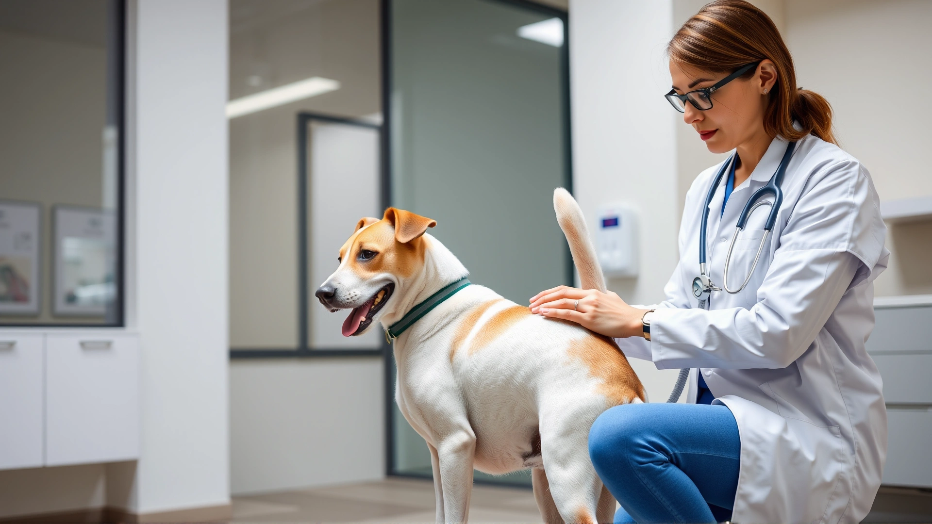 Veterinarian gently examining a dog's hind leg in a modern clinic with the owner watching, illustrating an arthritis check-up
