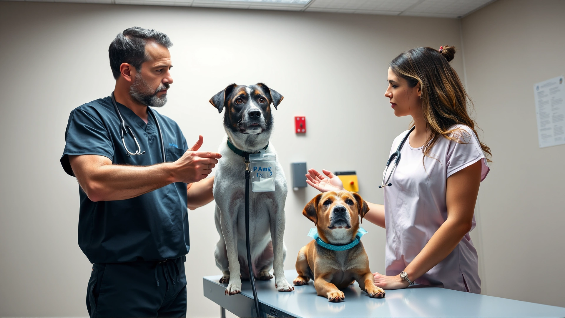 A veterinarian wearing scrubs explaining a fluid bag to a concerned pet owner with a dog on the exam table.