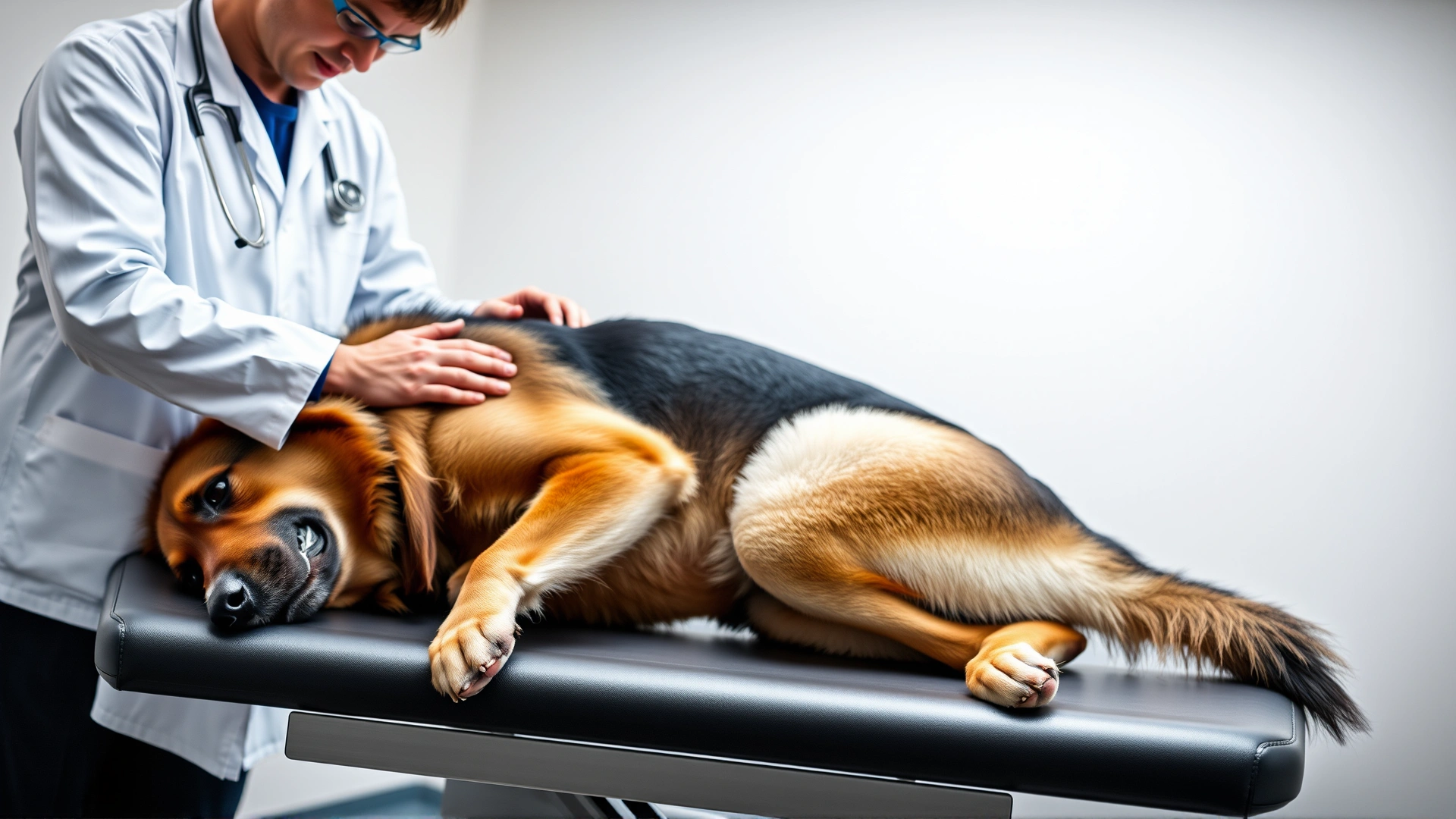 A professional veterinarian in a white coat gently examining a senior German Shepherd’s hip joints on an exam table, bright clinic background, no text.