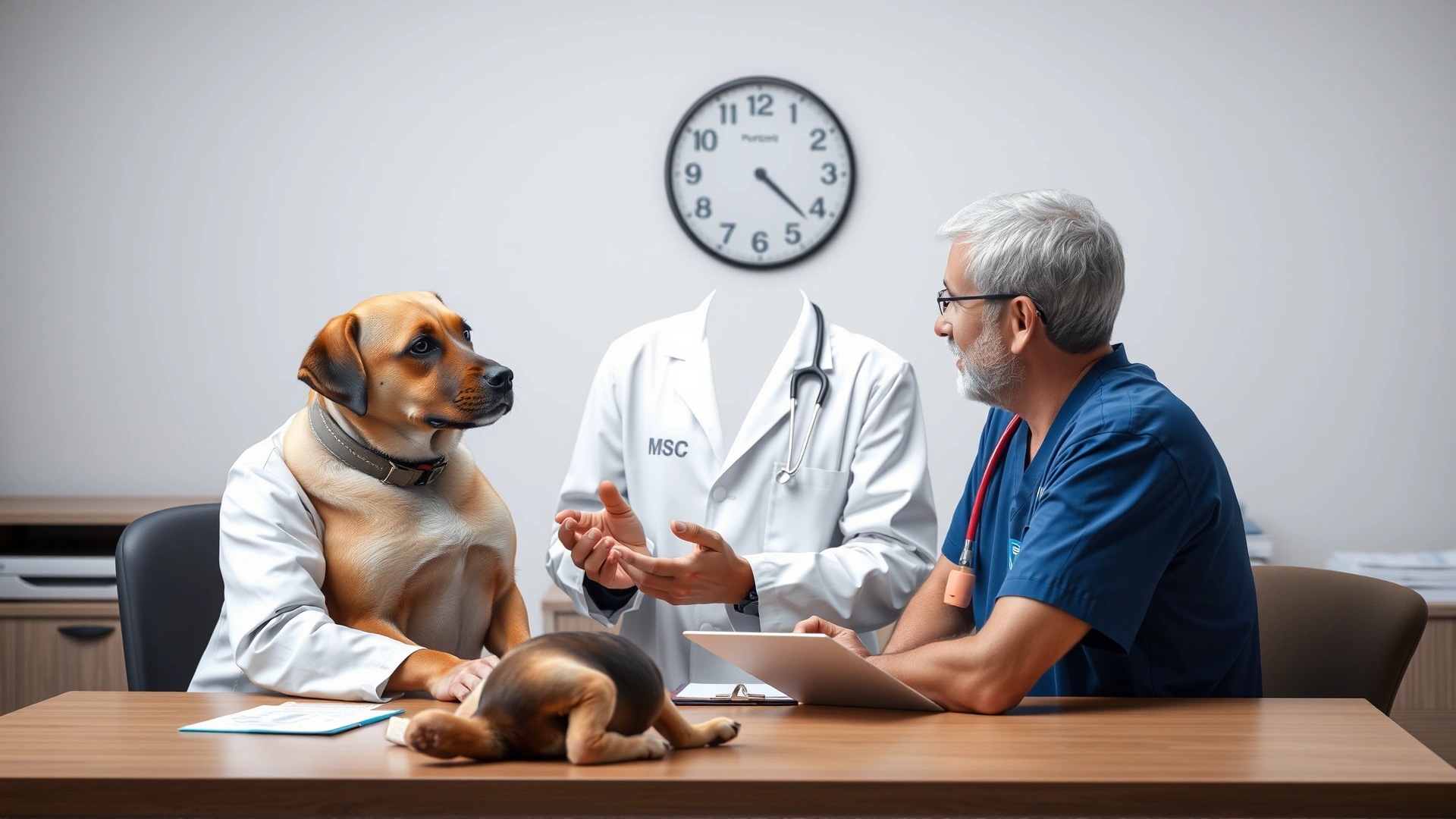 Veterinarian discussing medication plan with a pet owner across a desk, prescription notes visible