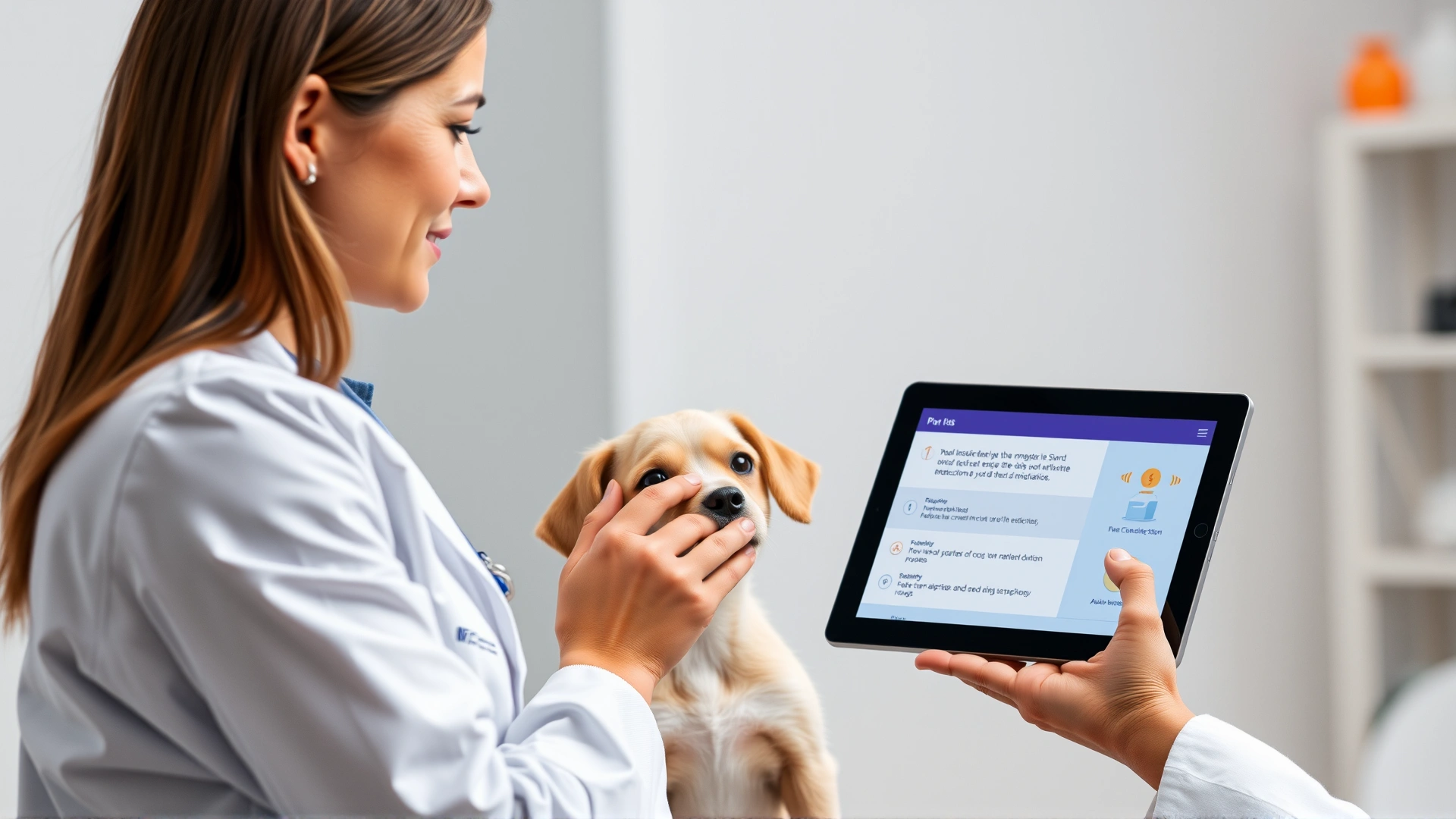 Veterinarian in white coat speaking with a pet owner while showing a digital tablet displaying medication instructions