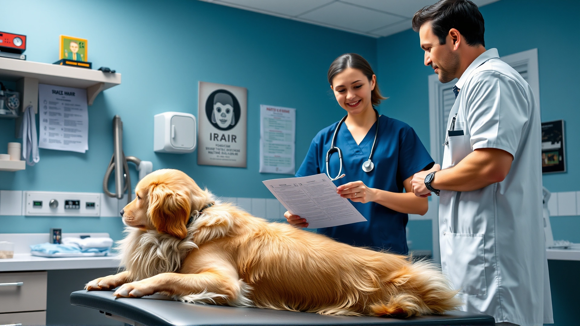 Veterinarian in a clinic holding a chart while talking to a dog owner, golden retriever sitting on exam table, bright clinical lighting