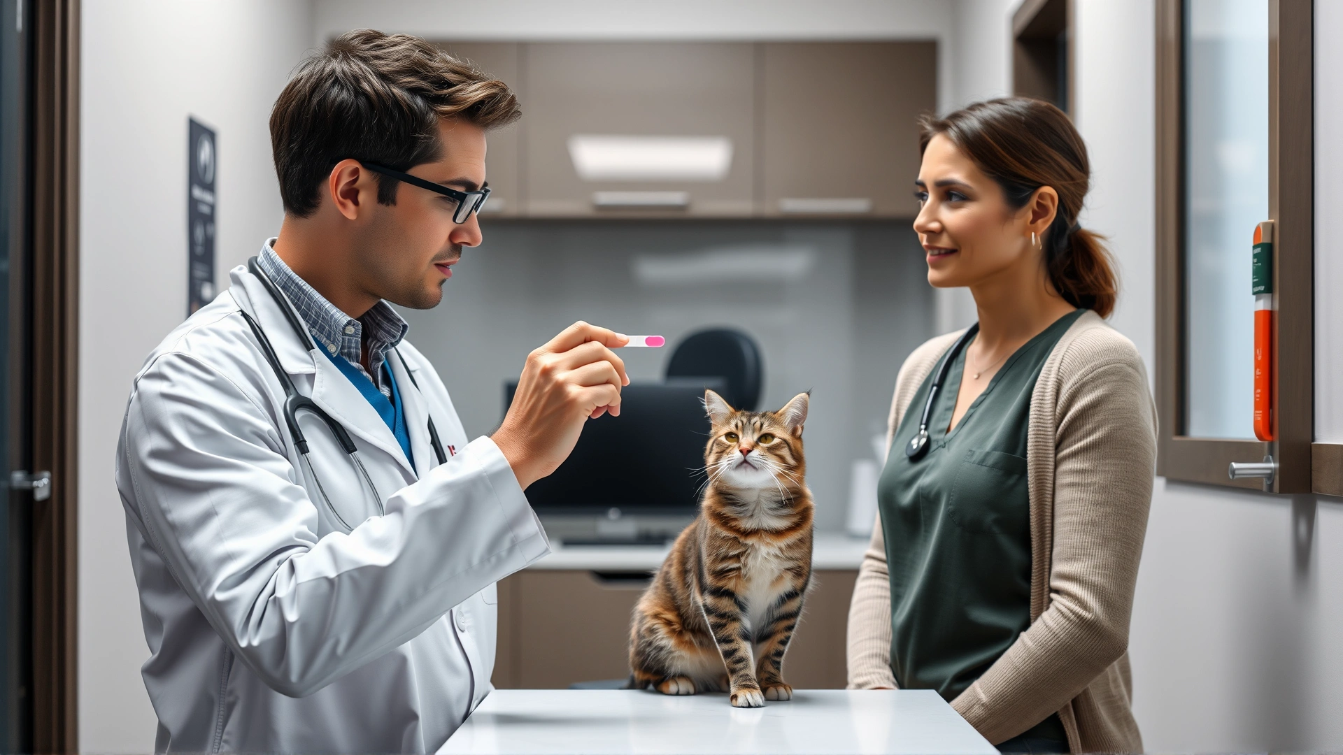 Veterinarian showing a urine test strip to a pet owner while the owner’s cat watches curiously in a modern exam room.