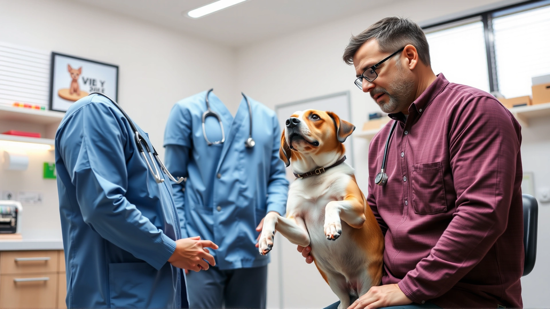 Veterinarian examining a dog's joints while talking to the owner in a modern clinic, showcasing professional consultation, well-lit setting.