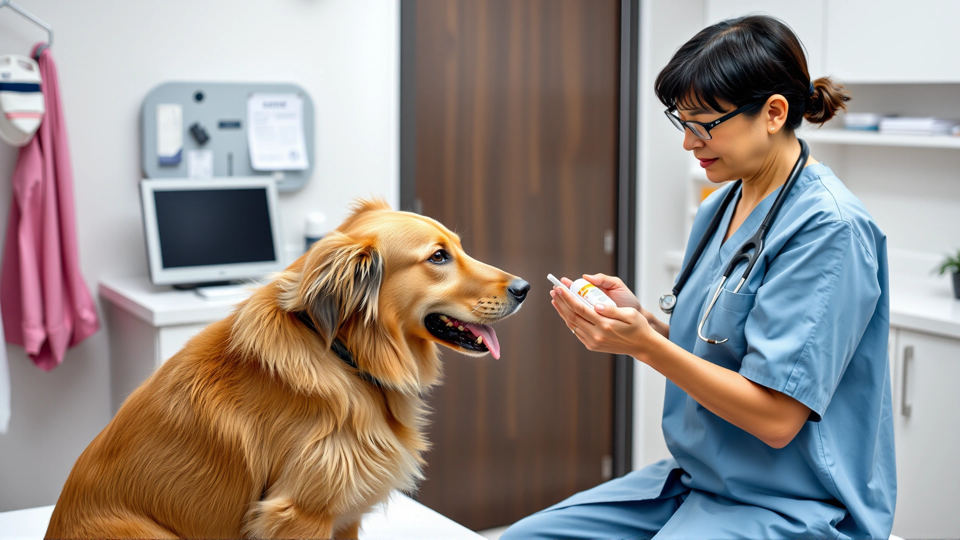Veterinarian in clinic examining a dog and discussing medication with the owner, professional environment, clean setting, no text