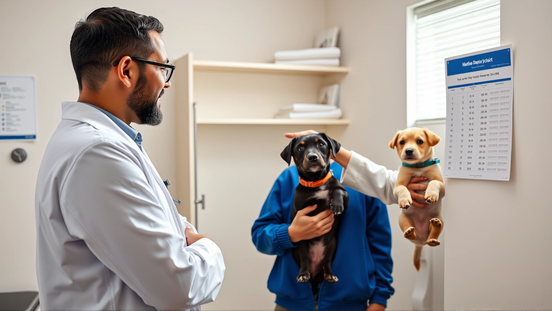 Friendly veterinarian in white coat pointing at a dosage chart while talking to a dog owner who is holding a small dog in a bright exam room.