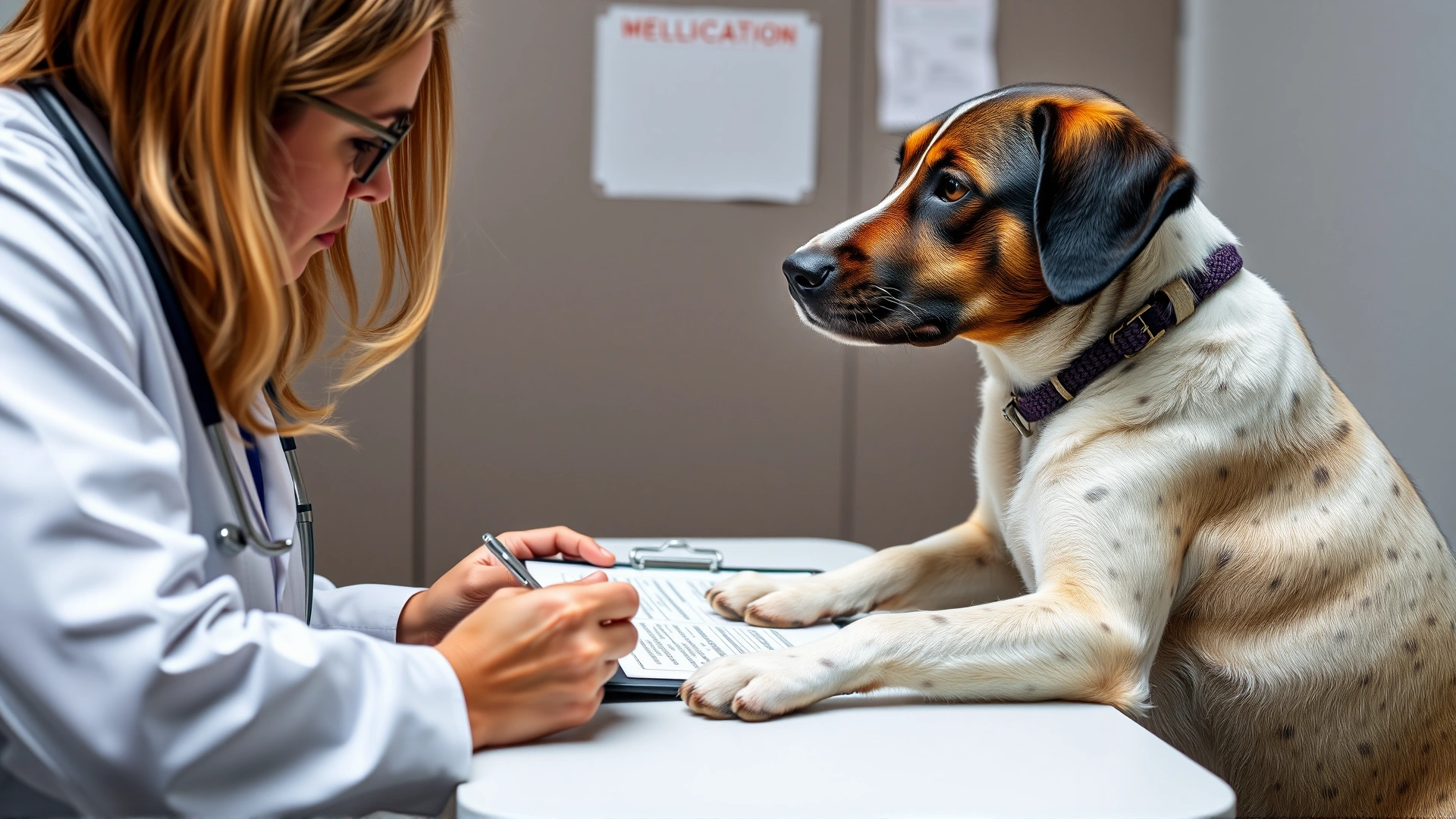 Dog owner discussing medication instructions with a veterinarian while the dog sits calmly on the exam table, both looking at a clipboard