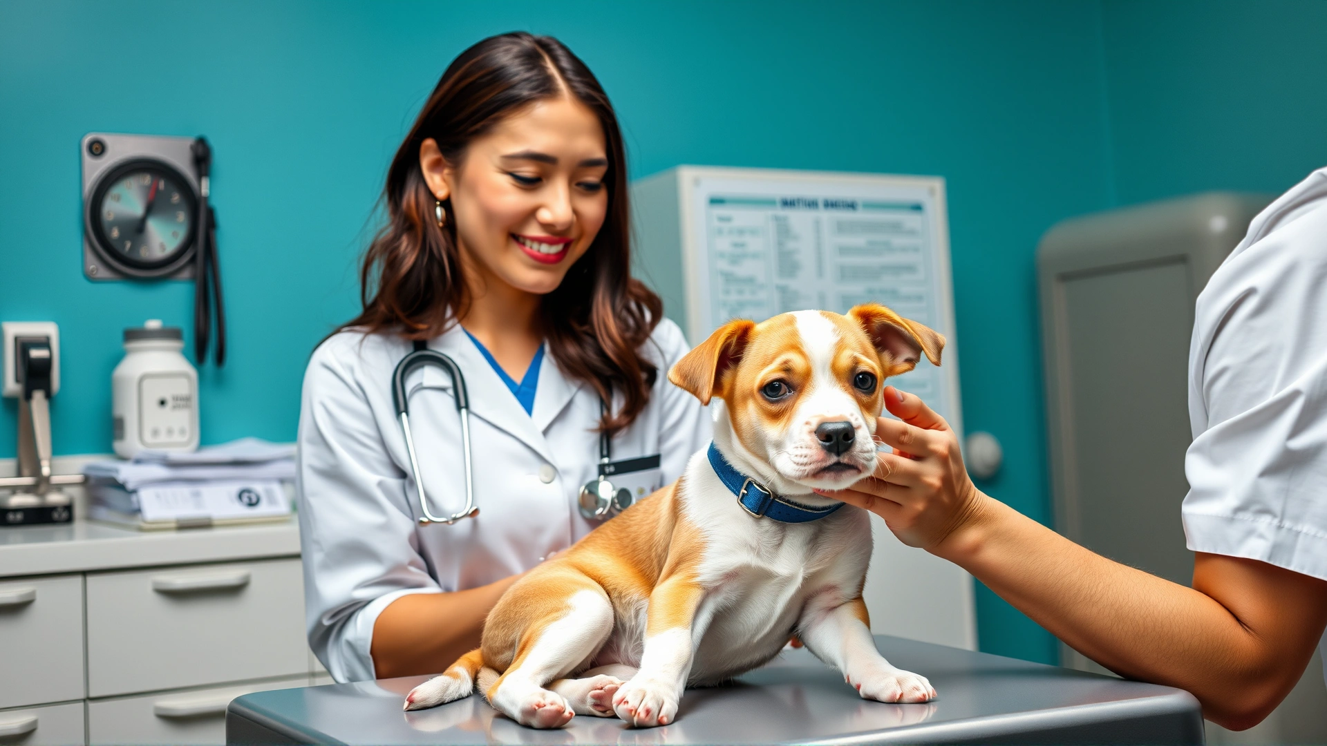 Female veterinarian smiling while discussing treatment plan with a pet owner; puppy on the exam table receiving gentle examination