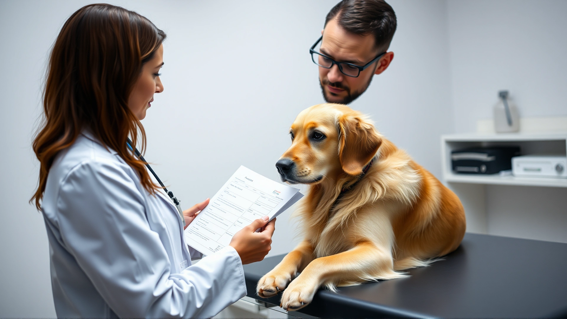 A veterinarian in a white coat discussing a prescription sheet with a pet owner holding a calm golden retriever on the exam table