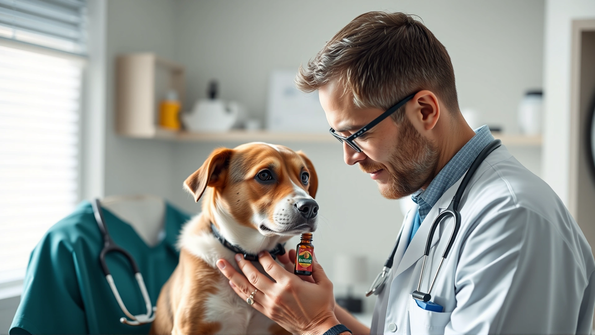 Veterinarian in clinic gently examining dog while owner holds small essential oil bottle