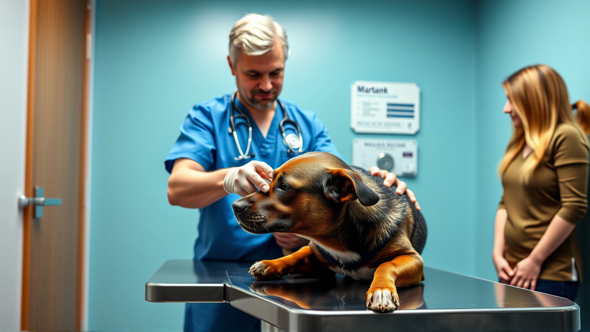 Veterinarian gently examining a dog on an exam table while the owner watches, highlighting professional help