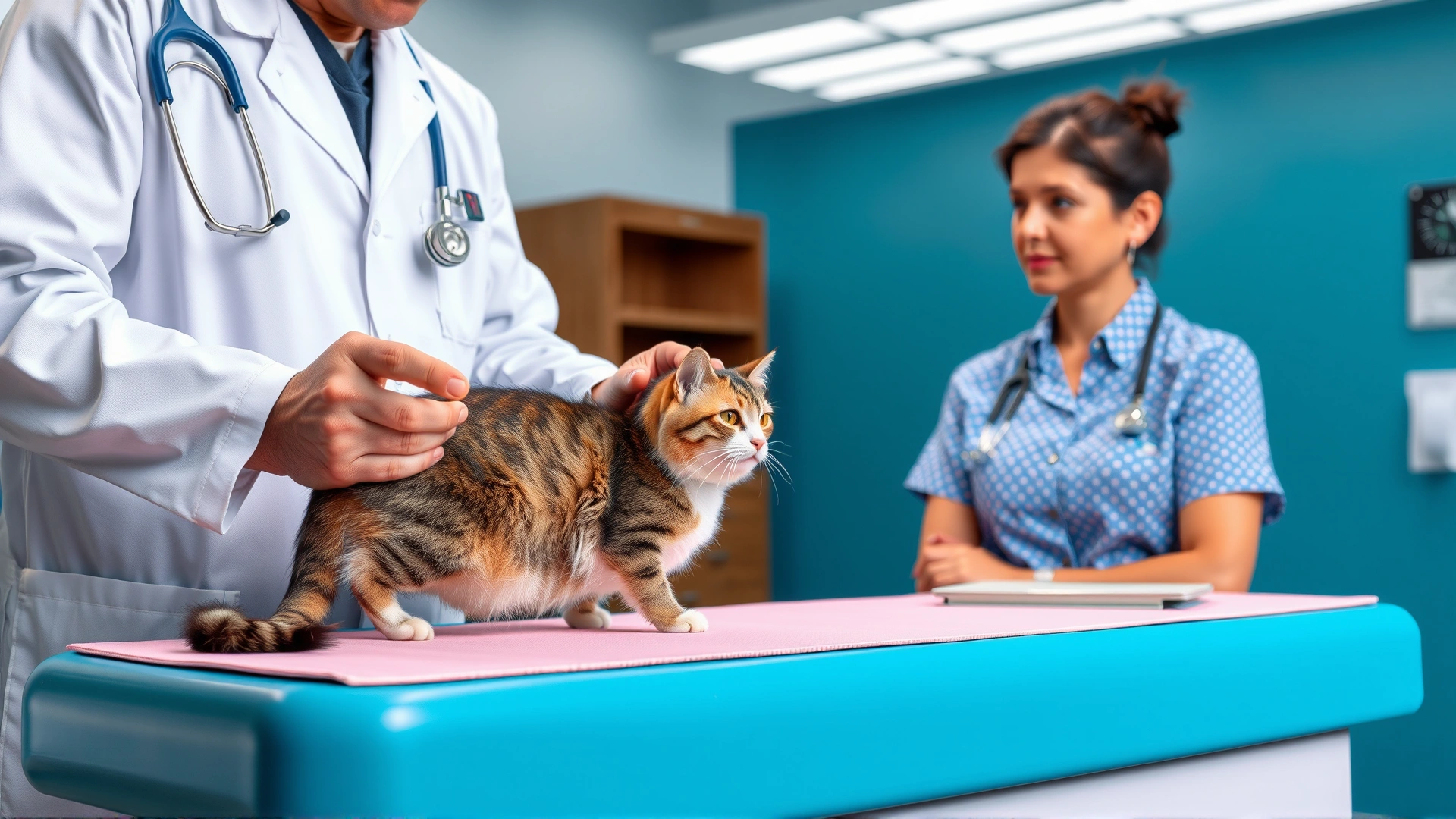 Veterinarian examining a cat on an exam table while discussing flea prevention with the pet owner