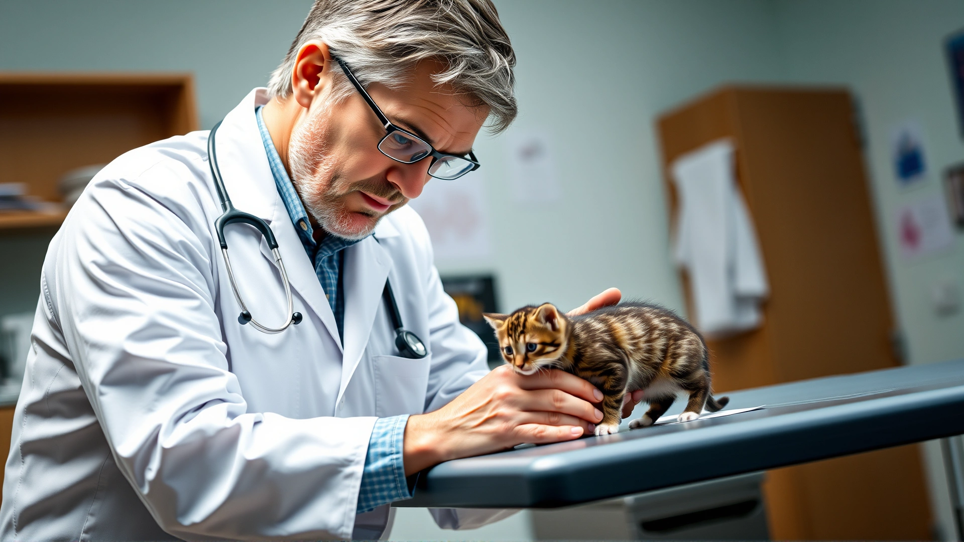 Veterinarian in white coat examining a young kitten on an exam table, stethoscope around neck, clinic interior in background