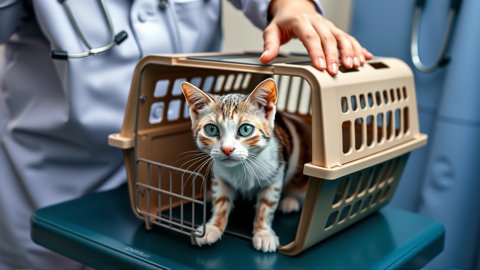 Cat inside a carrier on a veterinary examination table with a veterinarian gently reaching in, showing the importance of medical consultation.