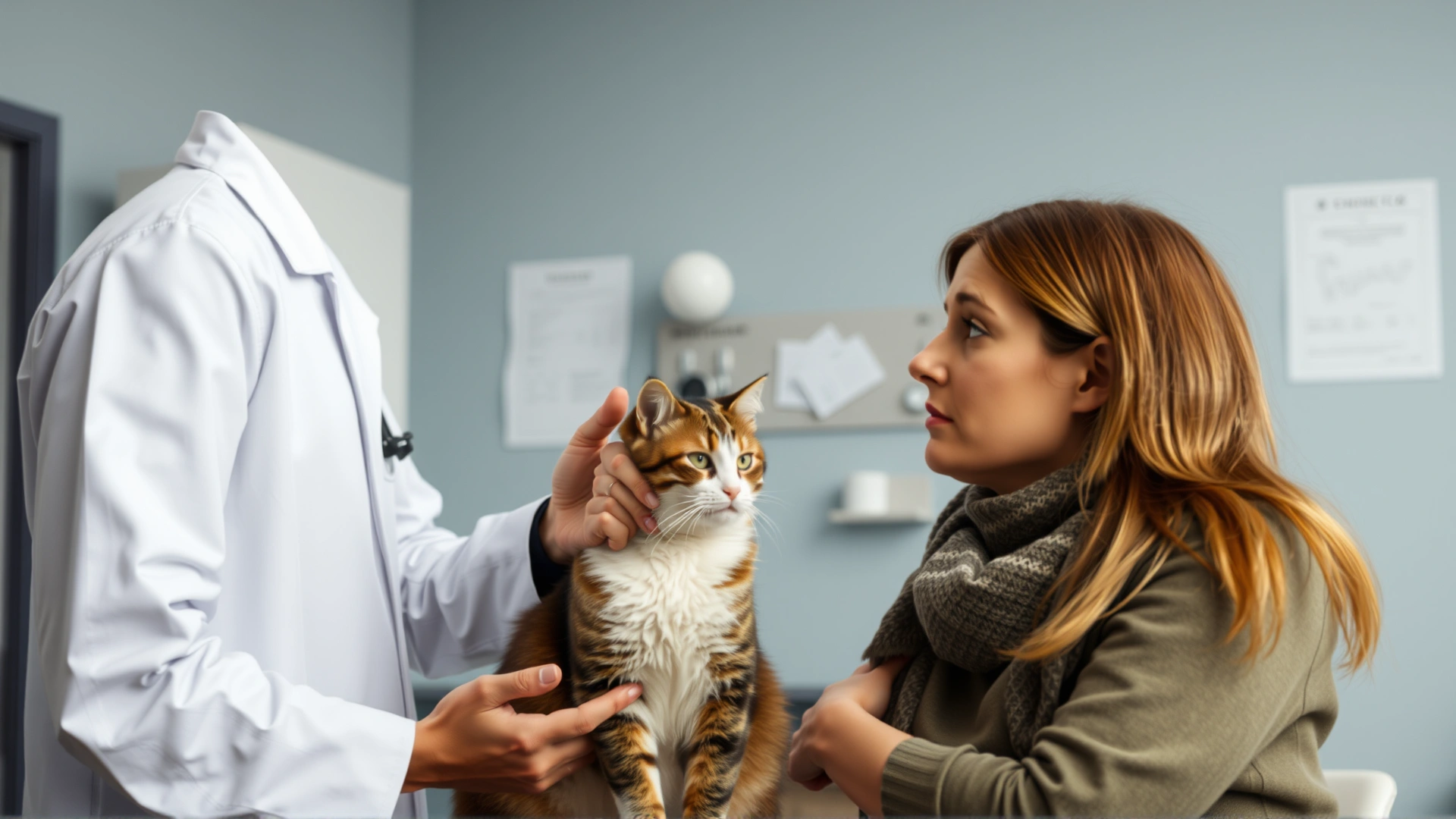 A veterinarian speaking compassionately with a worried cat owner in a modern exam room, medical charts visible in background