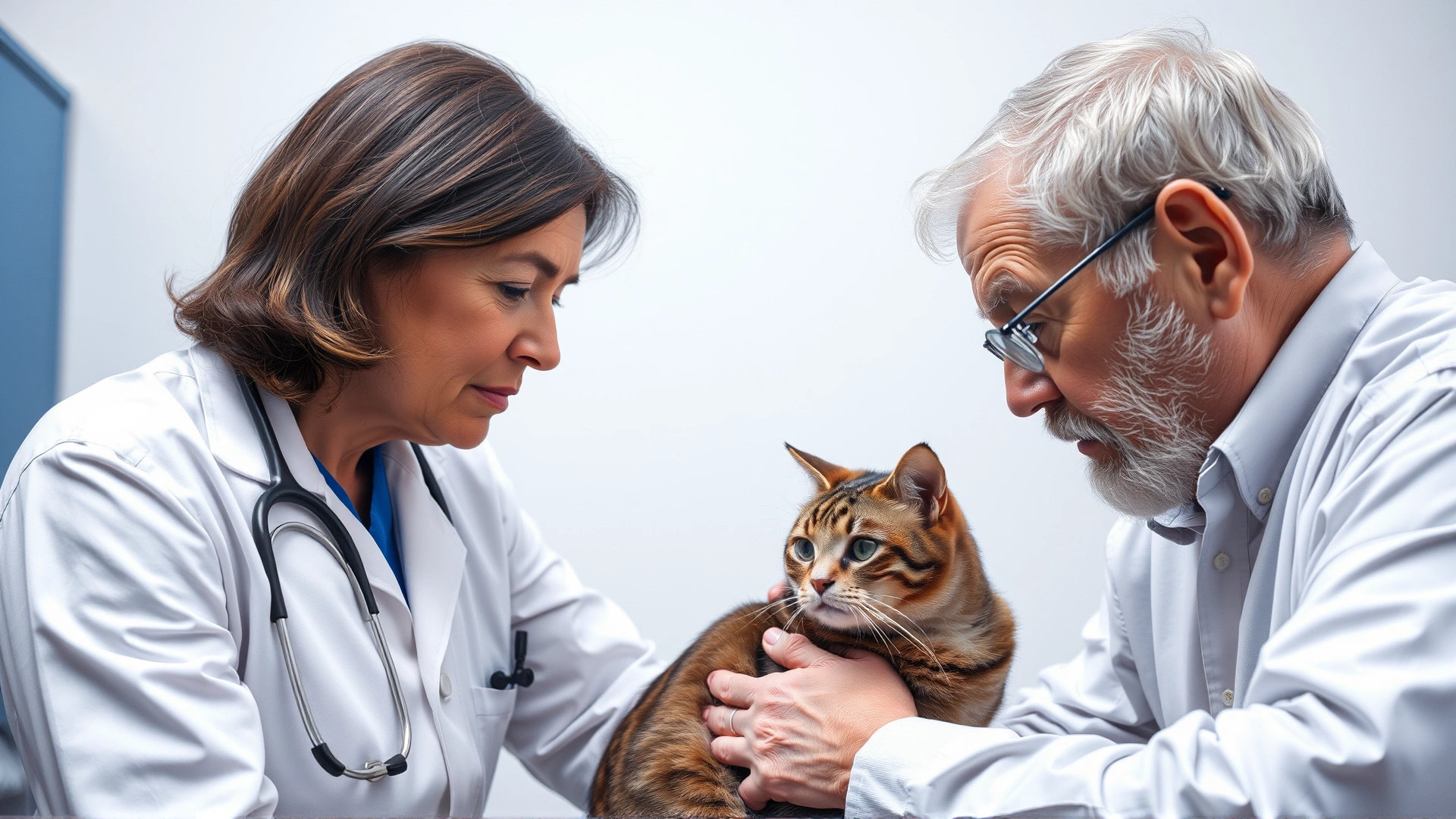 Veterinarian gently examining an older cat while discussing euthanasia options with a concerned owner.