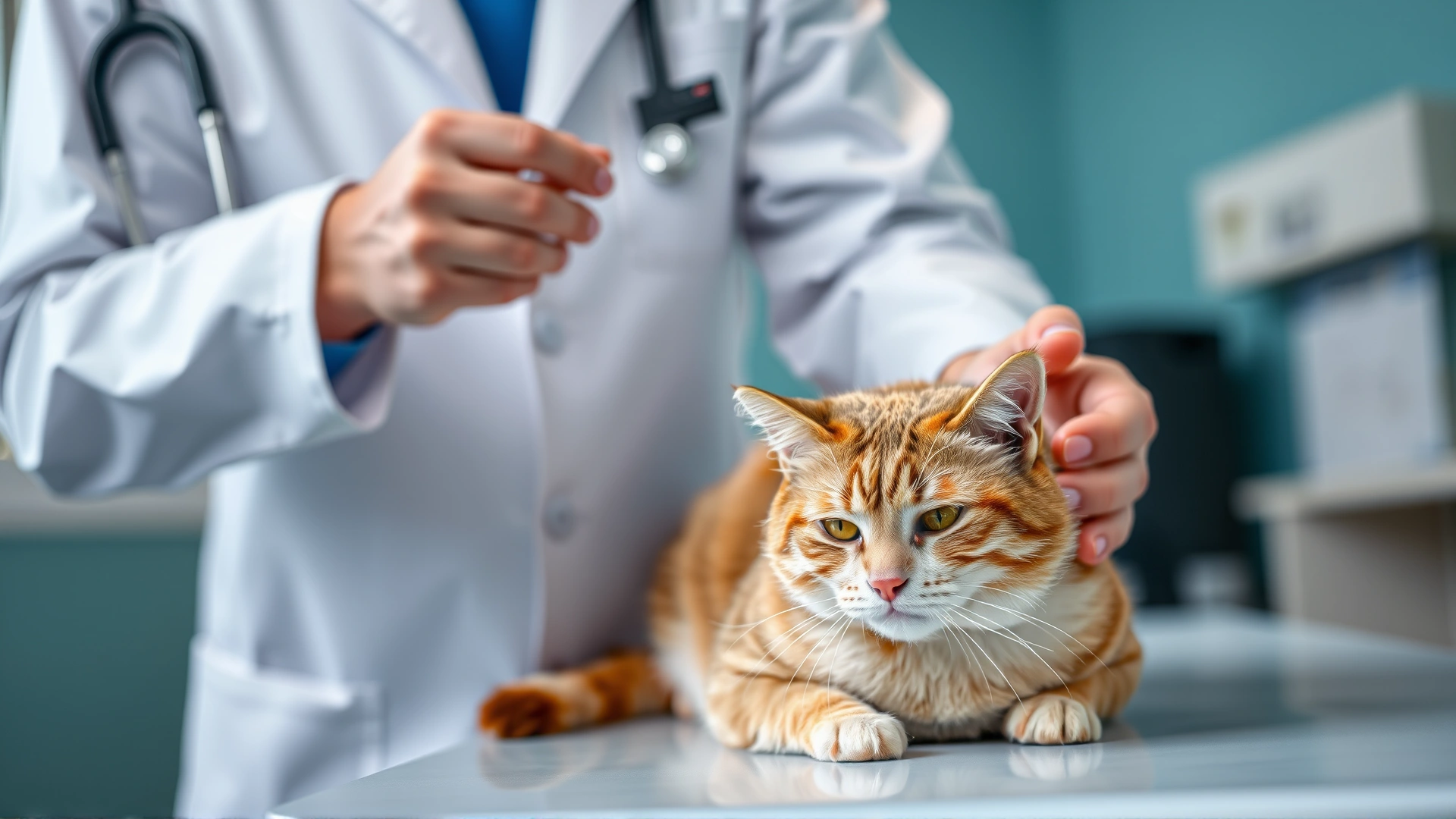 Veterinarian in a white coat gently examining a calm cat on an exam table, clinic background, professional and reassuring mood