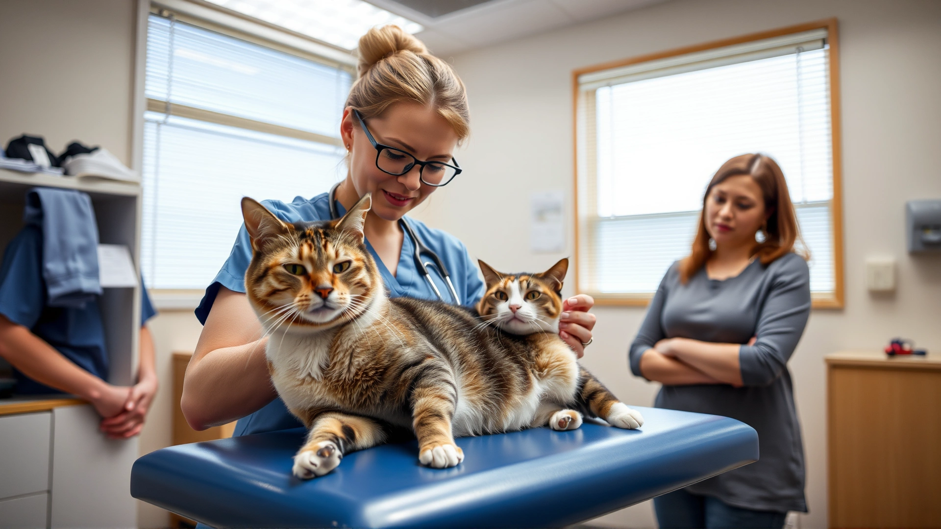 Female veterinarian gently examining a relaxed cat on an examination table while the owner watches, in a bright clinic room.