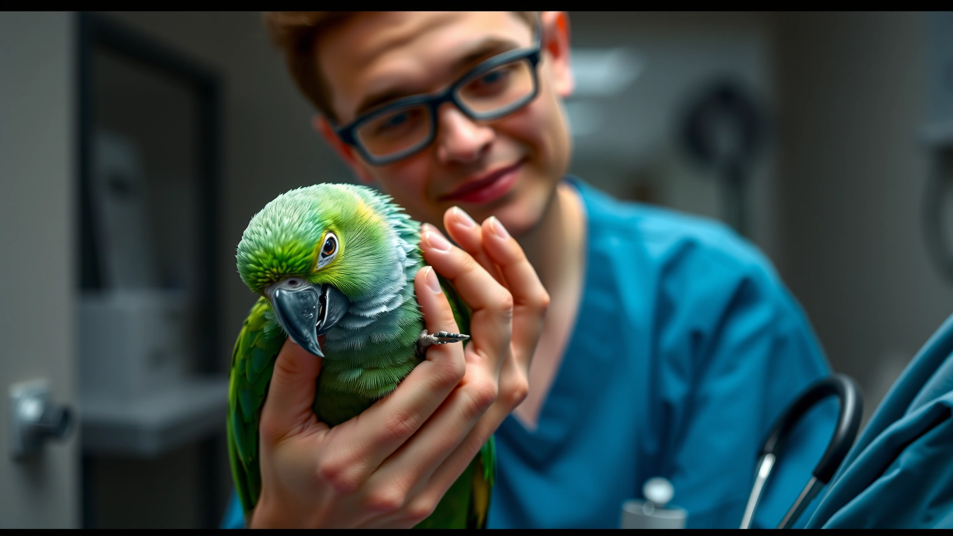 Image of a veterinarian gently examining a green parrot in a clinic setting, showing care and professionalism.