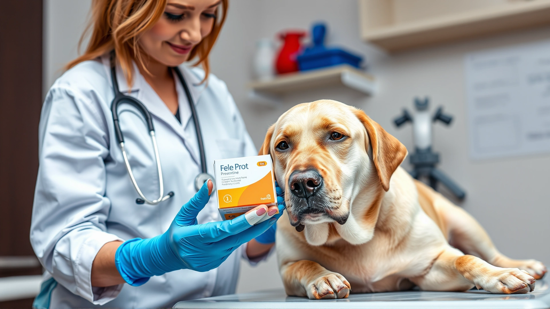 Female veterinarian examining a calm Labrador on an exam table, holding a box of flea preventive medication, veterinary clinic background