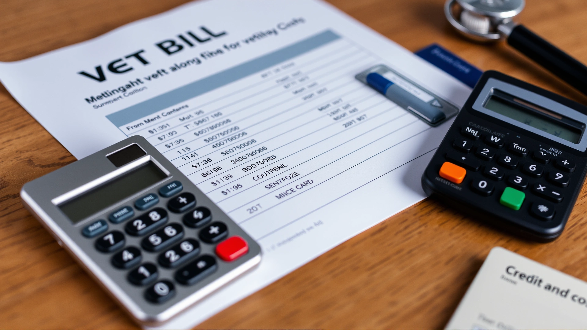Close-up of a vet bill, calculator, and credit card on a wooden table, symbolizing rising veterinary costs.