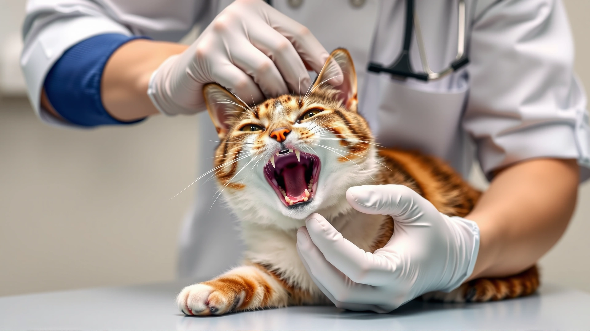 Veterinarian wearing gloves gently examining a cat’s open mouth on an exam table, clinical environment, focus on compassionate care.