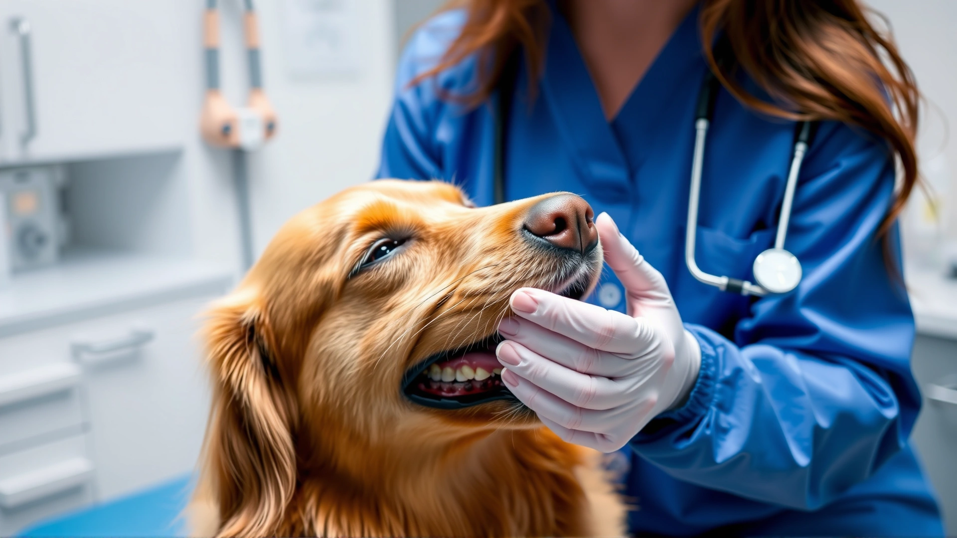 Veterinarian gently lifting a golden retriever's lip to examine its teeth on an exam table, clinic environment, soft lighting.