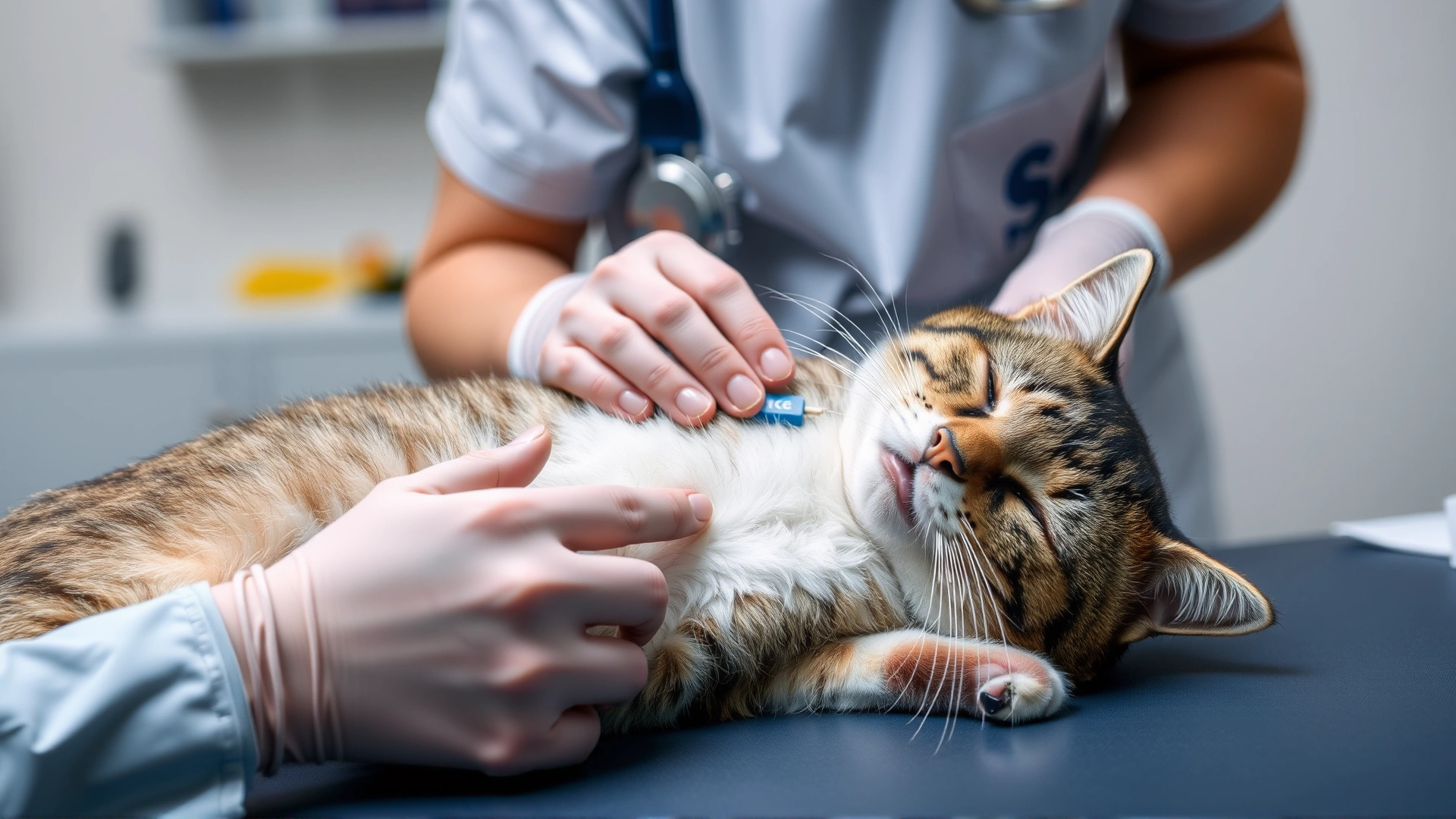 Image of a veterinarian attaching small ECG electrodes to a sedated cat’s chest in a clinical setting.