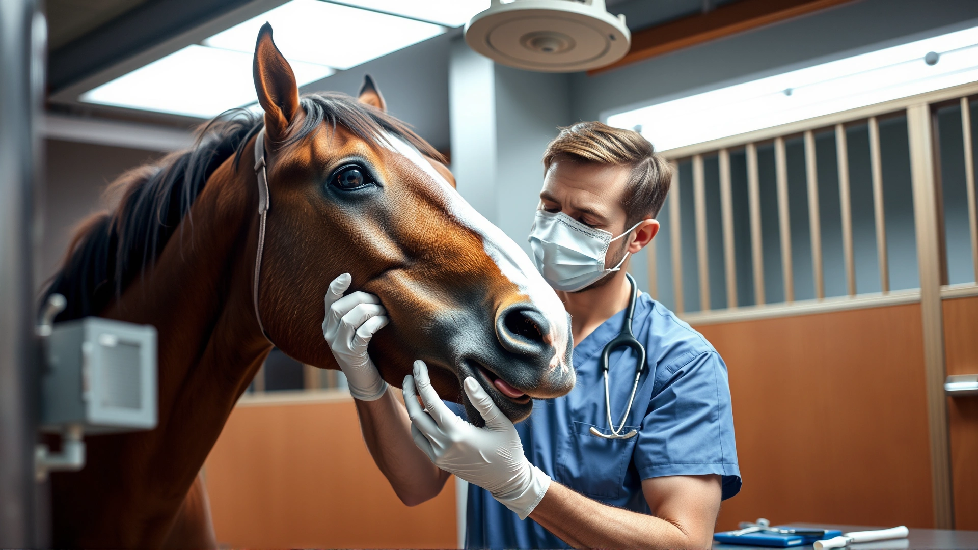 A veterinarian in scrubs gently lifting a horse’s lip to examine gums under stable lighting, with medical instruments nearby, no text