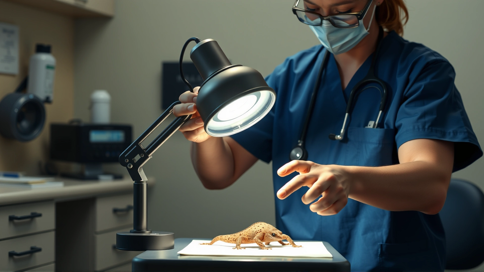Veterinarian in scrubs using a Wood’s Lamp on a small gecko in an exam room, illustrating diagnostic process.