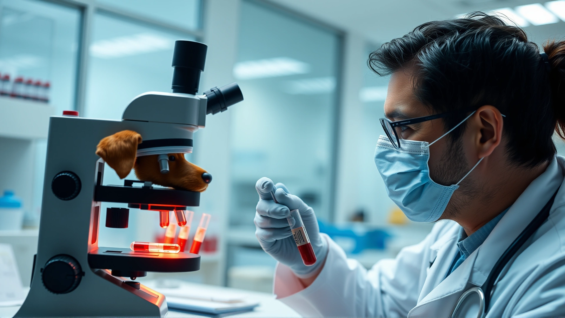 Veterinarian wearing a lab coat examining canine blood samples under a microscope in a modern lab setting.