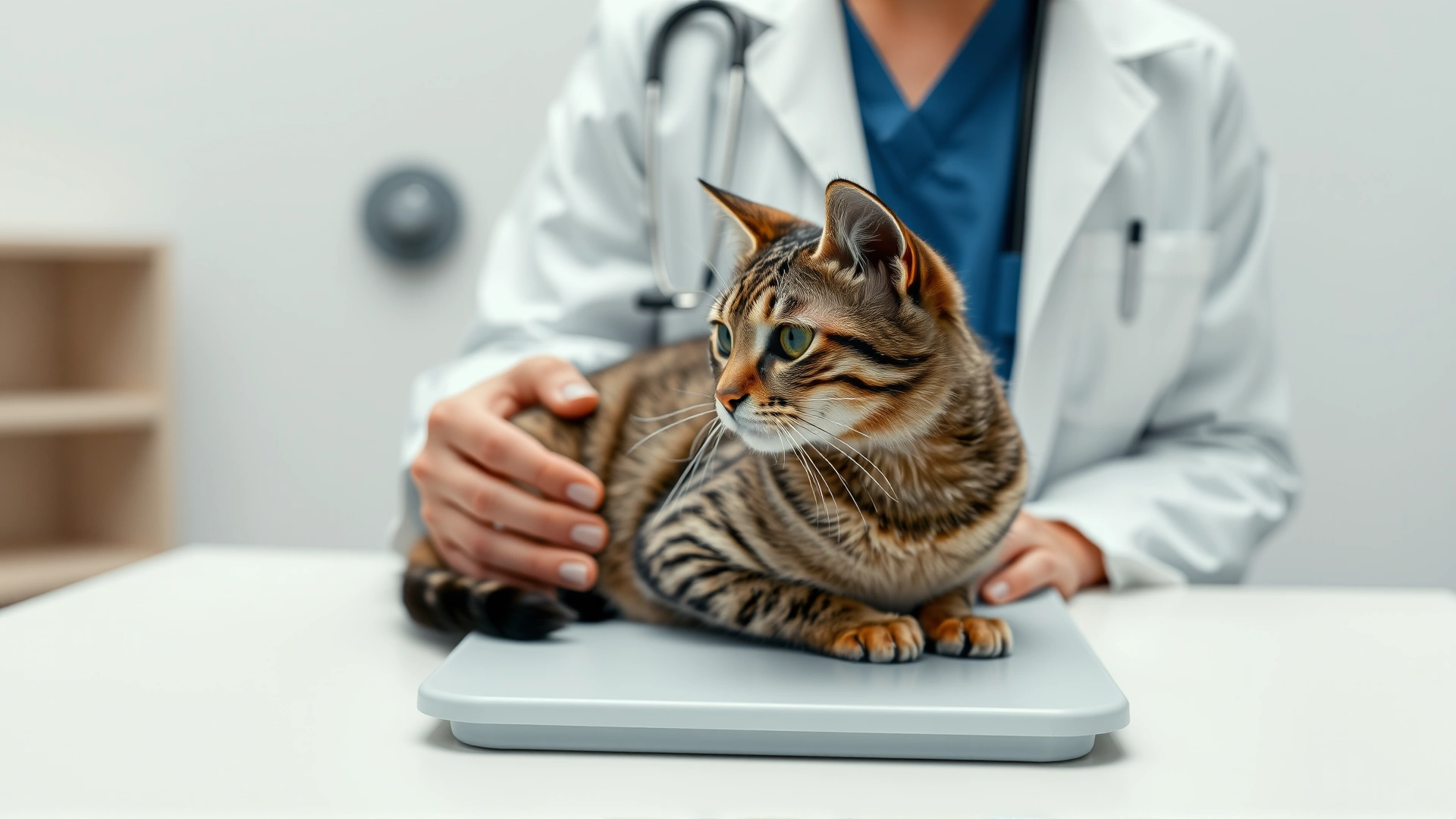 Veterinarian wearing a white coat gently examining a tabby cat on an exam table, with stethoscope and calm clinic environment.