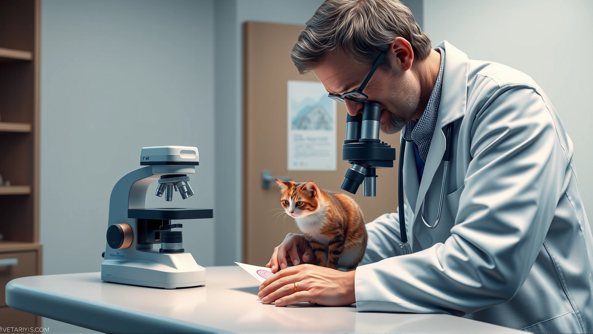 Veterinarian in a lab coat examining a blood smear under a microscope while a cat waits on the exam table nearby, modern veterinary clinic setting, realistic.
