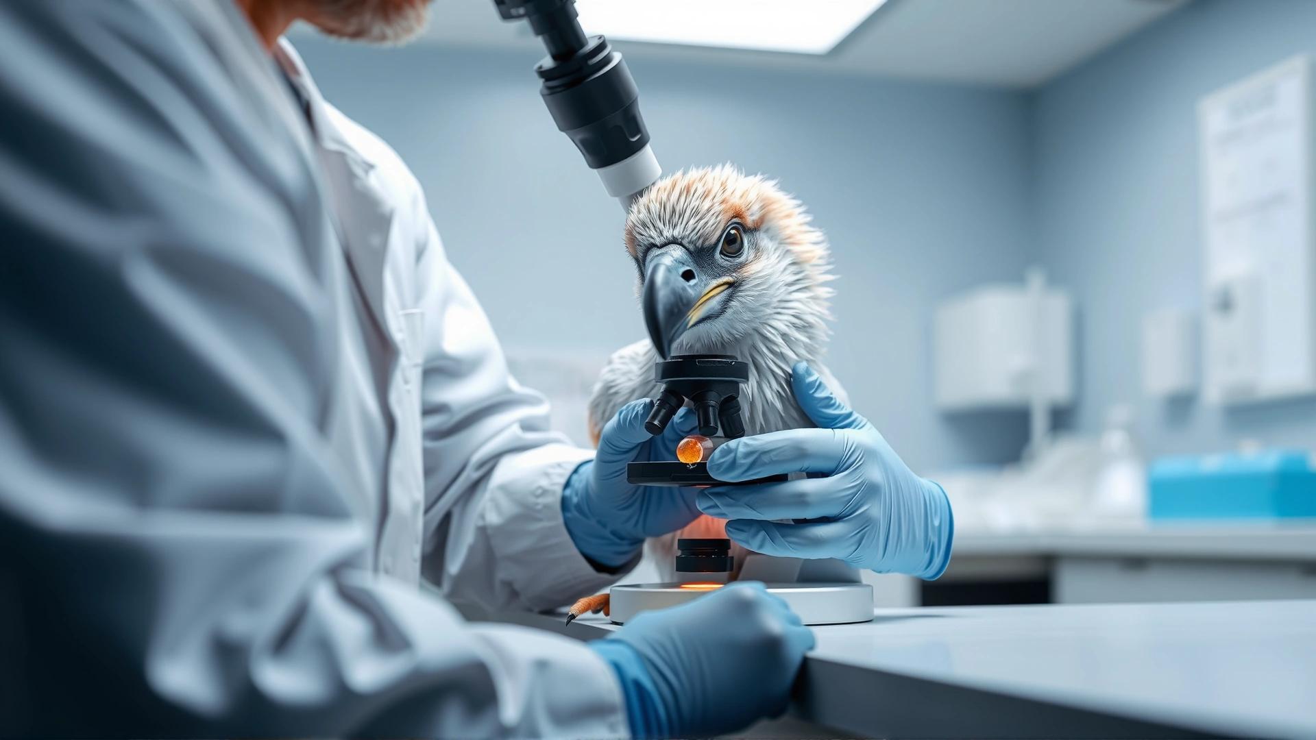 Avian veterinarian wearing gloves observing a fecal sample through a microscope on a clean lab bench.