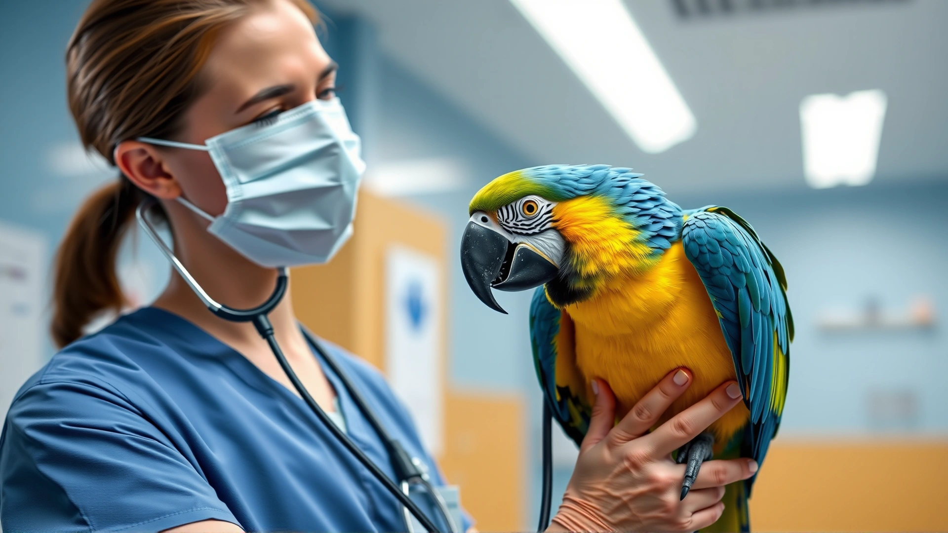 Avian veterinarian wearing scrubs examining a macaw with a small stethoscope in a bright, modern clinic
