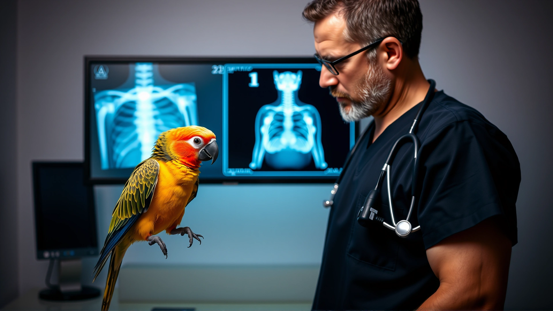 Avian veterinarian holding a small parrot while examining an X-ray image displayed on a monitor behind them, demonstrating the diagnostic process.