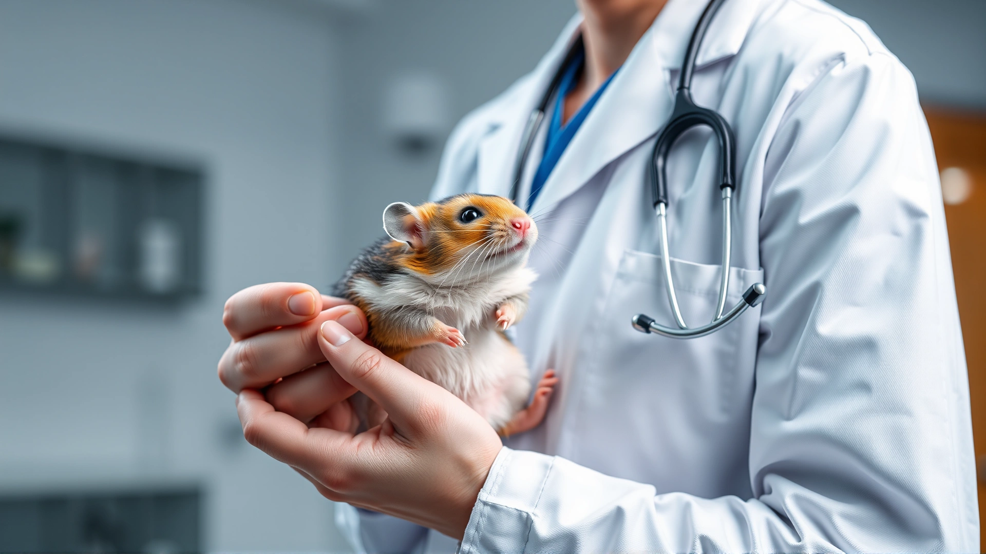 Veterinarian wearing a white coat gently holding a hamster while examining its abdomen in a modern clinic setting