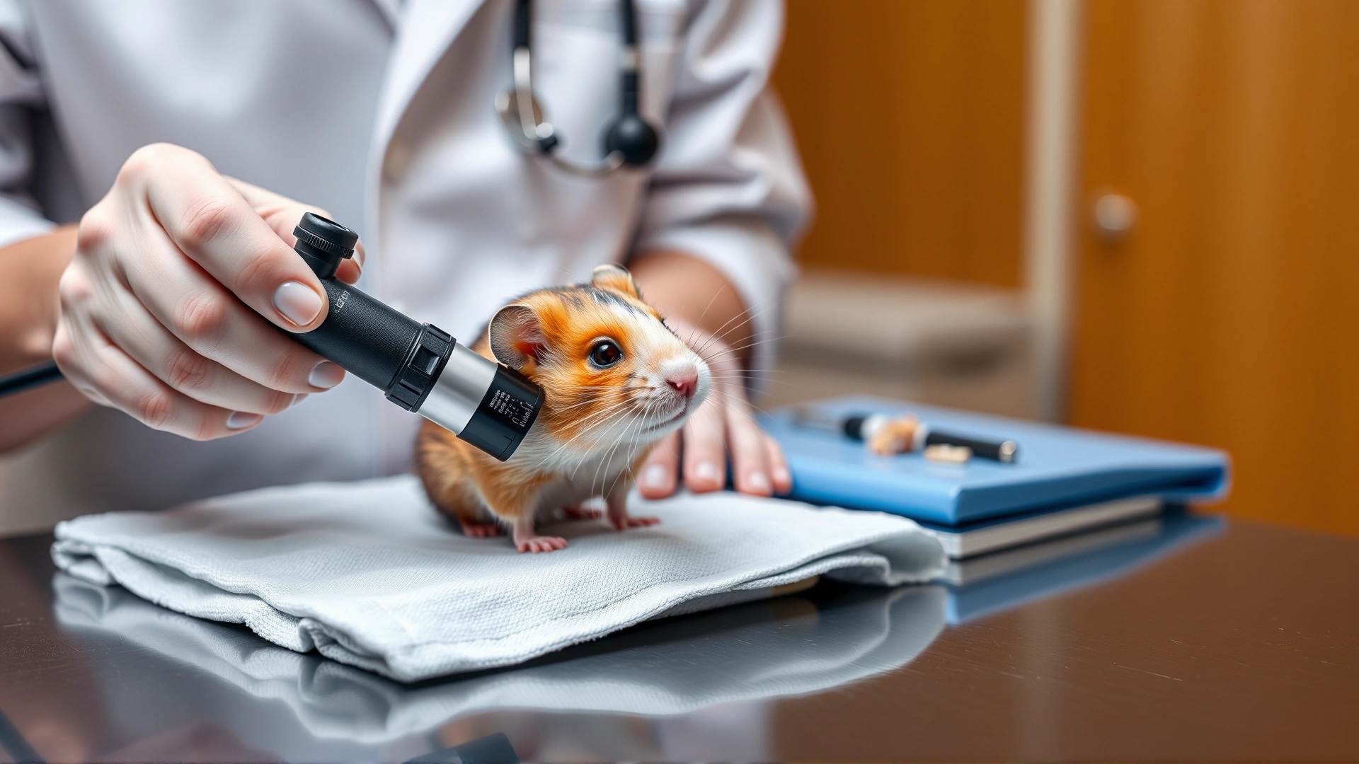 Veterinarian using a small otoscope to inspect the inside of a hamster's cheek pouch on an examination table.