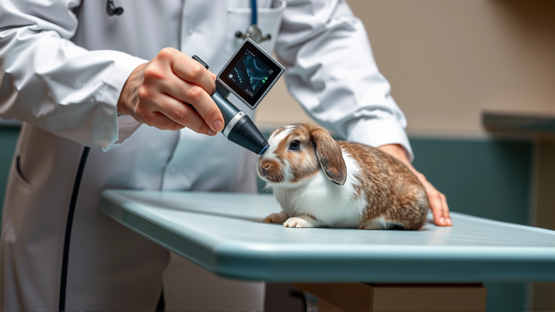 Veterinarian holding an ultrasound probe over a rabbit on an exam table, professional clinic setting, calm rabbit.
