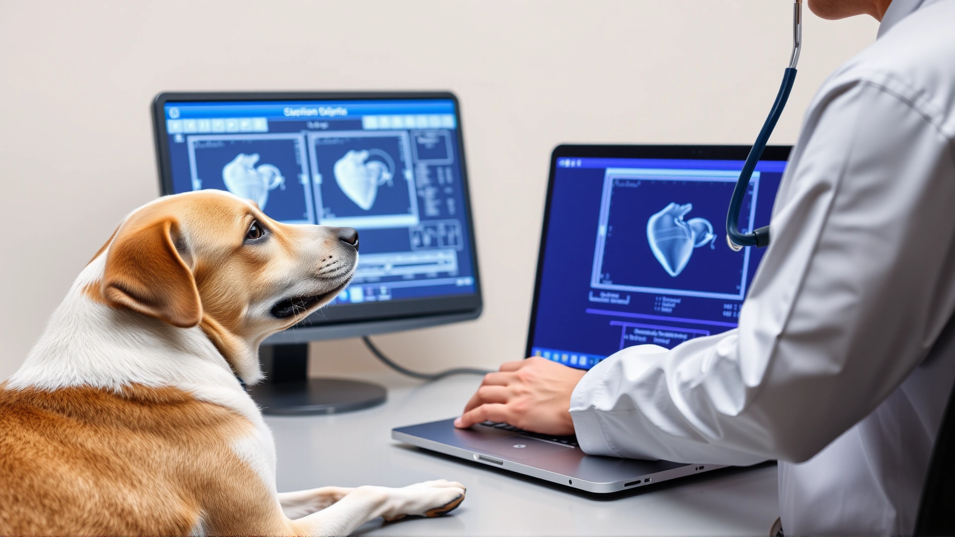 A veterinarian reviewing a dog's echocardiogram on a laptop screen while the dog patiently sits beside, illustrating the diagnostic process.
