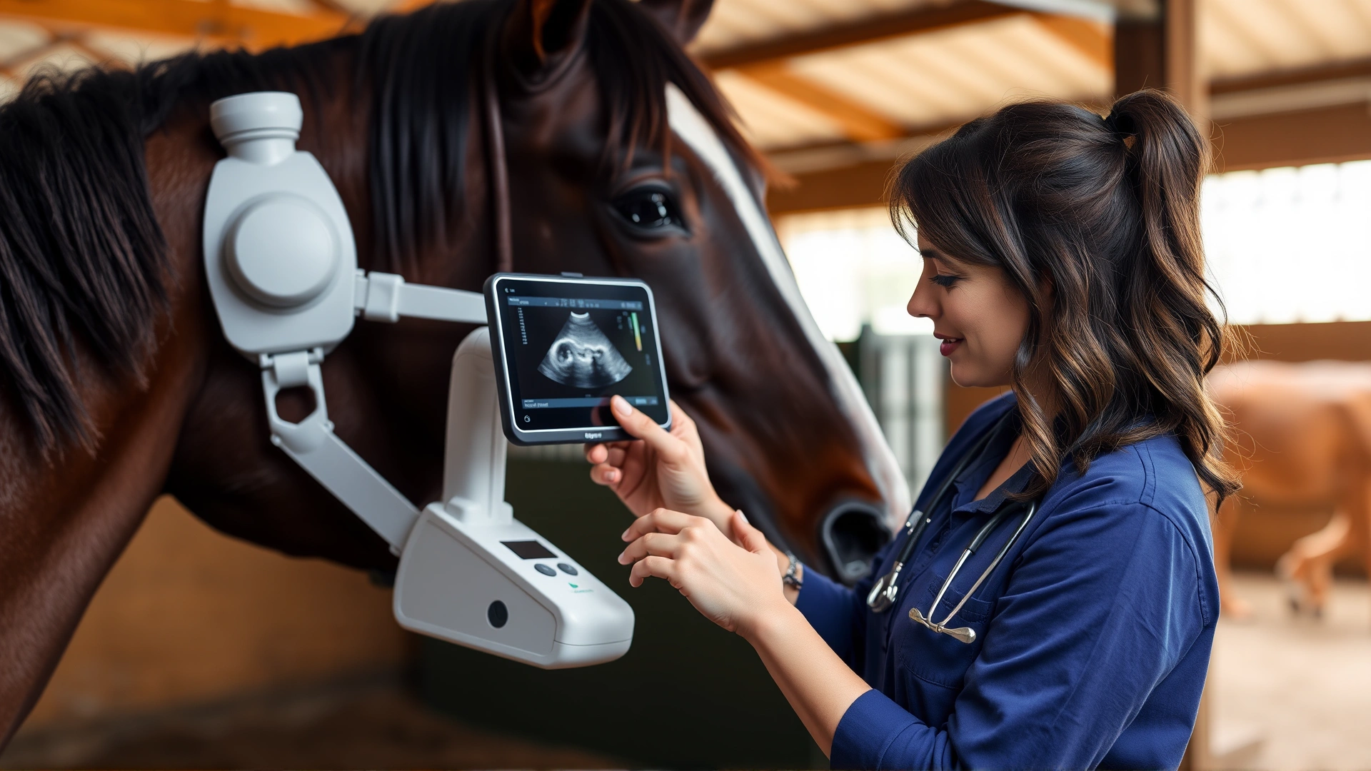 Female equine veterinarian using a portable ultrasound scanner on a brown horse in a stable, representing diagnostic procedures for SCC.