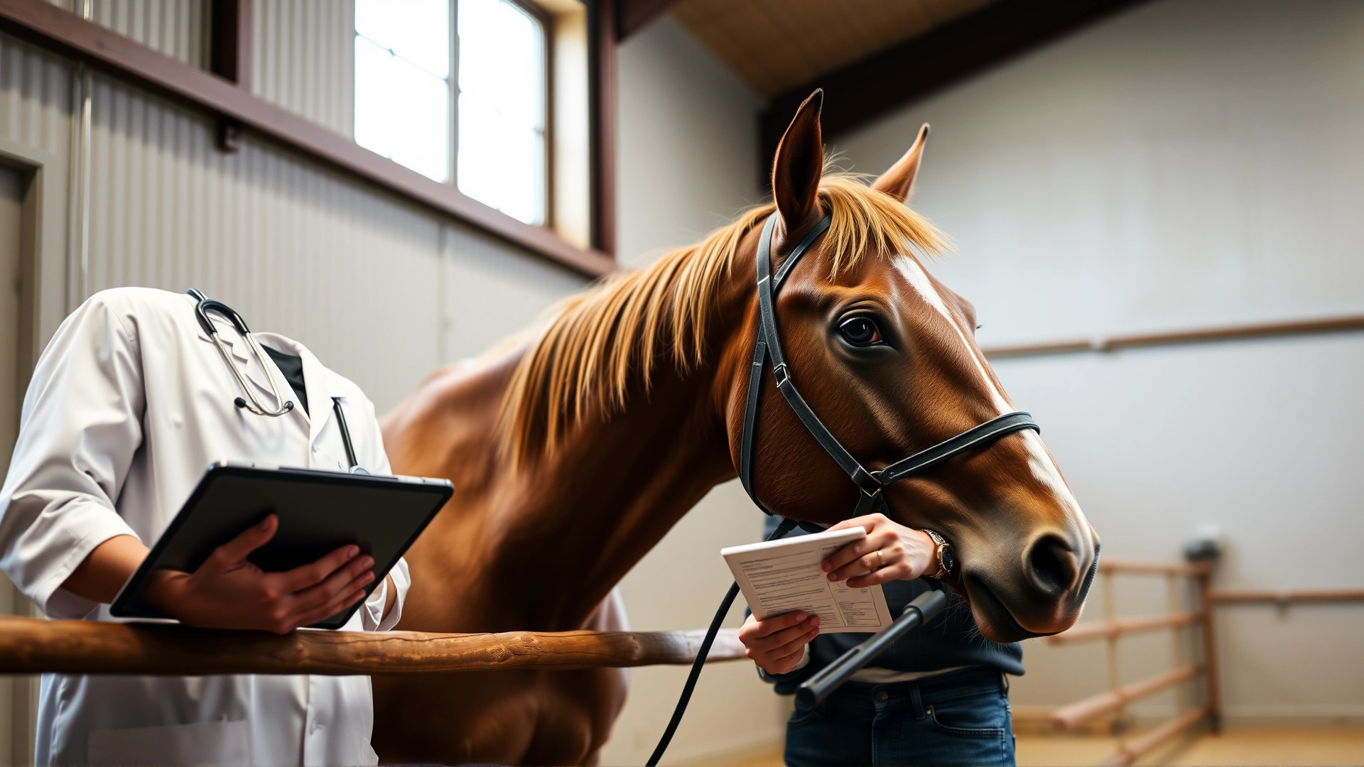 Veterinarian and horse owner reviewing laboratory results on a tablet next to the horse