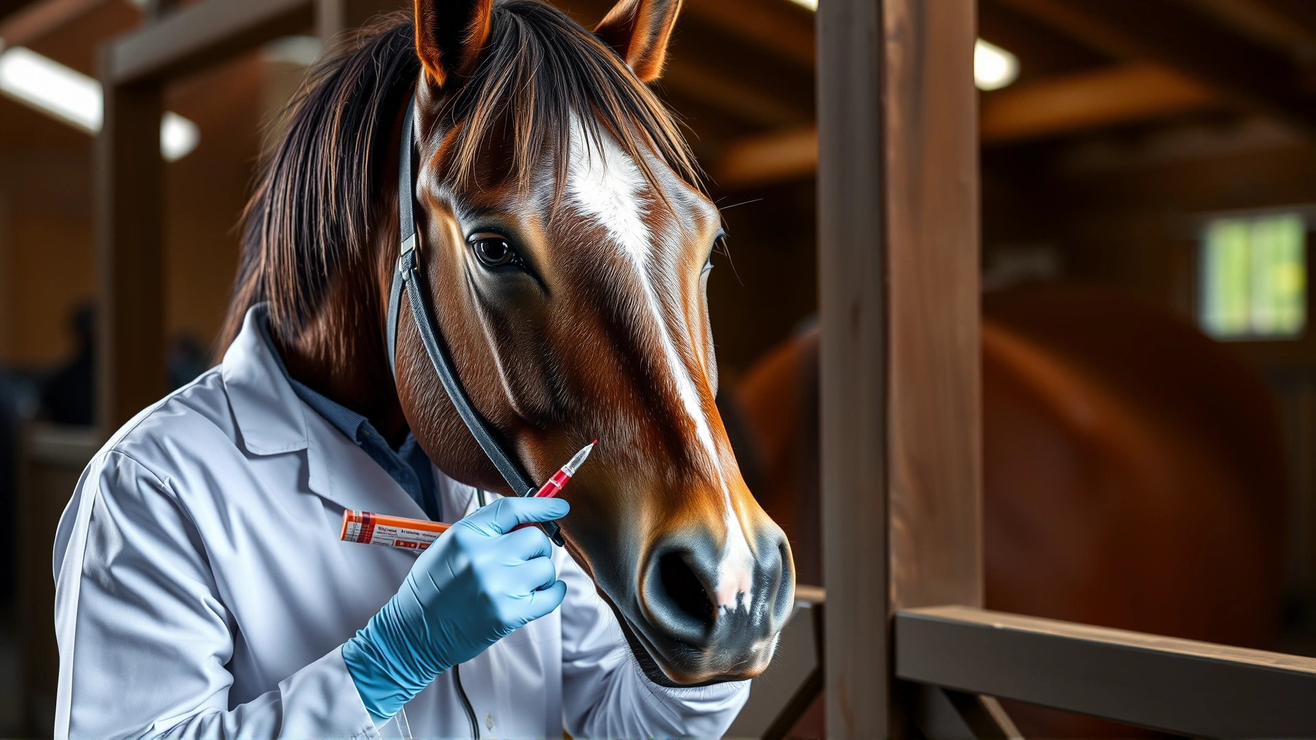 Equine veterinarian drawing a blood sample from a calm bay horse inside a well-lit stable, representing diagnostic procedures.