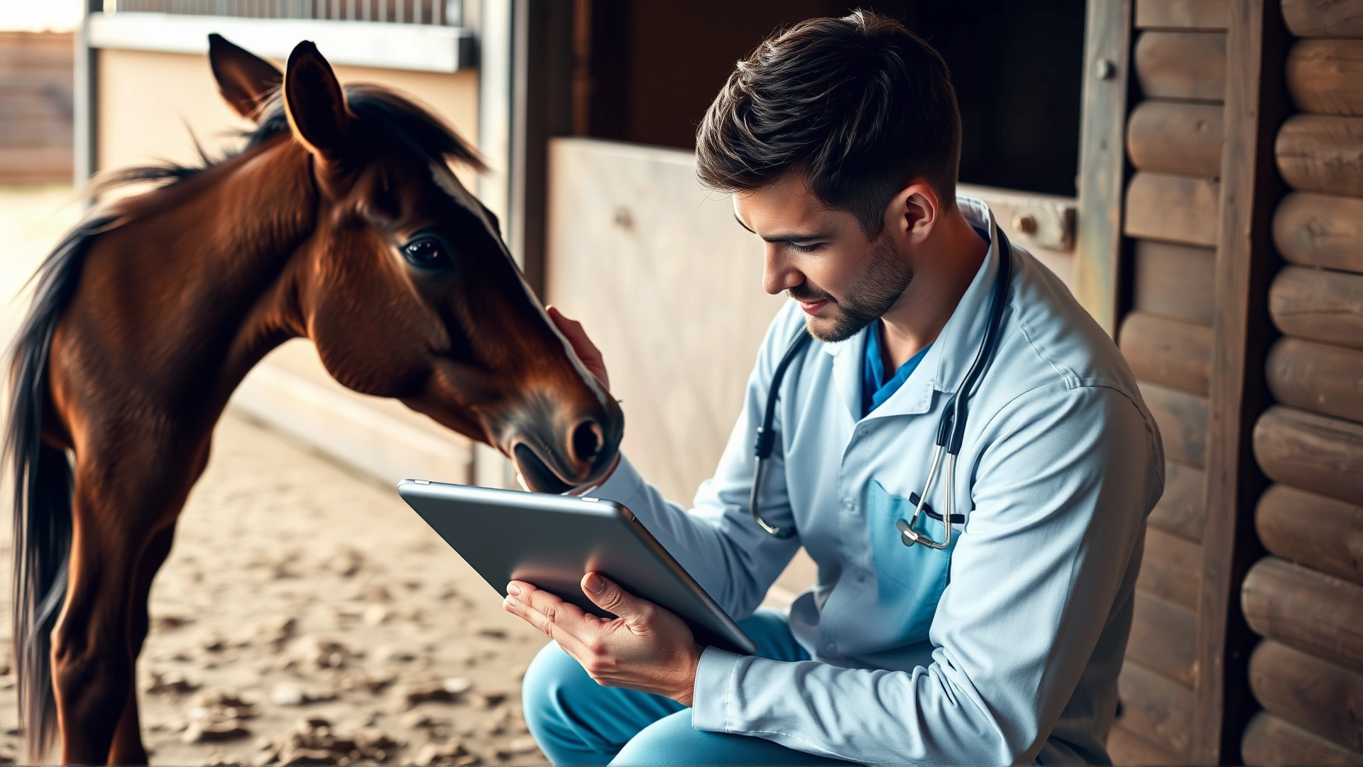 Veterinarian kneeling beside a young horse while reviewing digital X-ray on a portable tablet, stable setting, no text