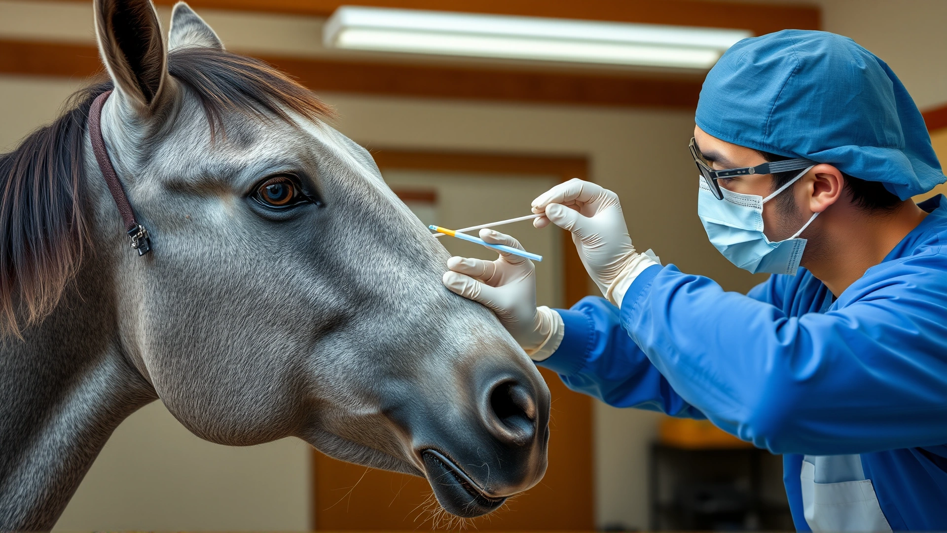 A veterinarian wearing gloves gently inserting a nasal swab into a calm grey horse in an indoor clinic setting. No text.