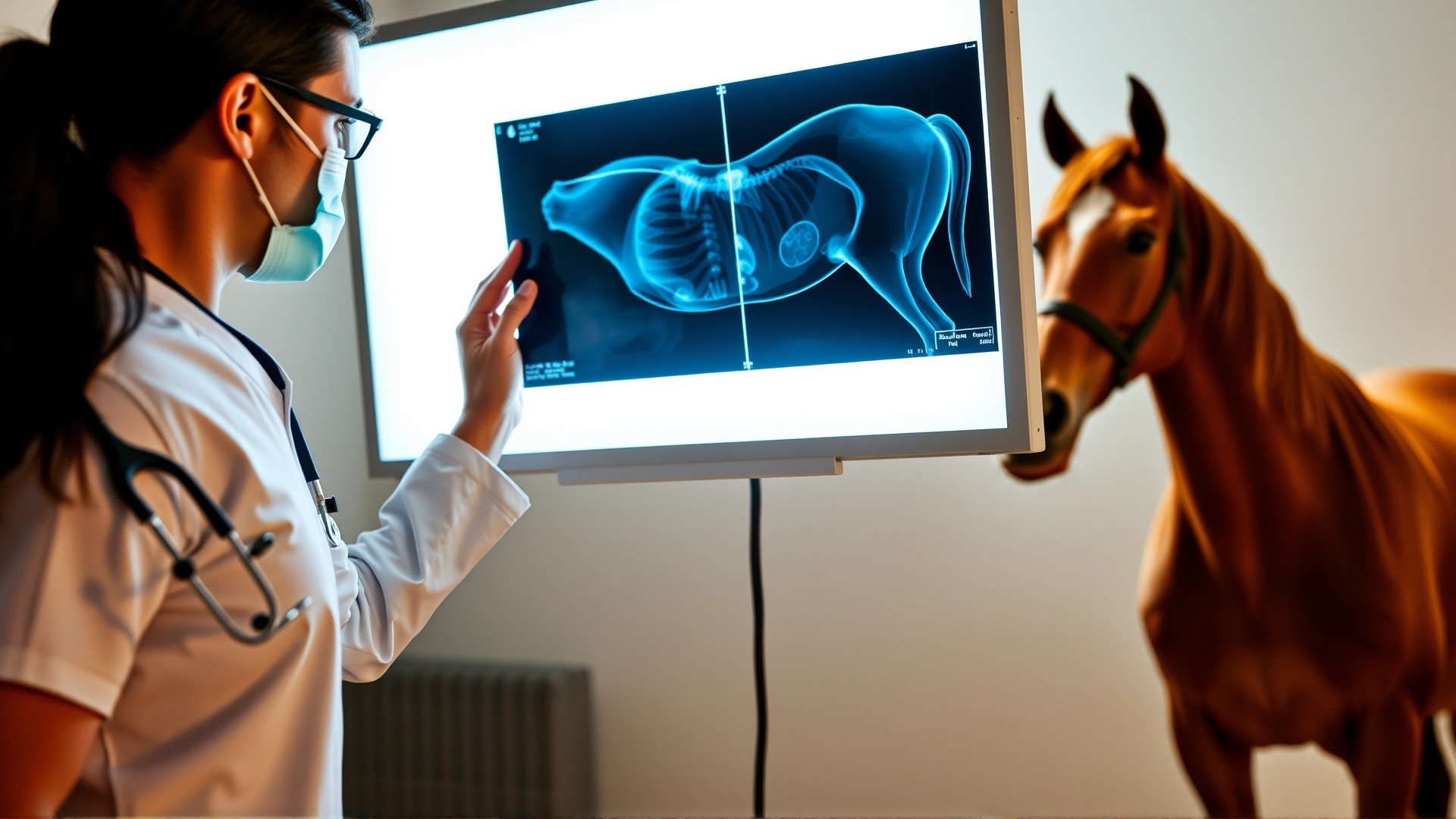 Veterinarian wearing scrubs reviewing a chest X-ray of a horse on a lightbox, with the horse standing calmly nearby, showing diagnostic process.