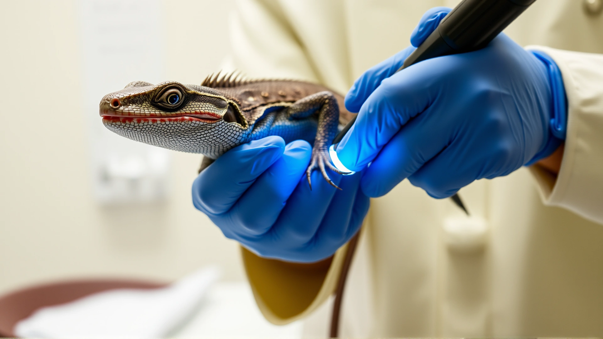 Veterinarian in a reptile clinic wearing gloves and gently holding a lizard while examining its mouth with a small flashlight.