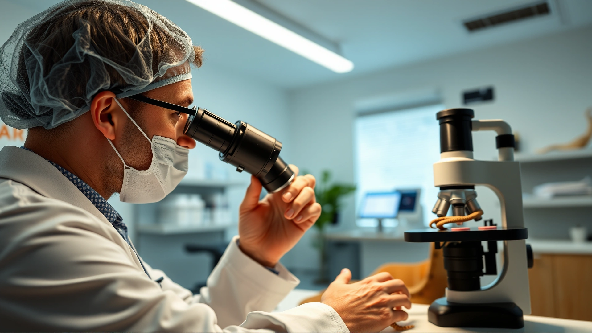Exotic animal veterinarian examining a reptile fecal sample under a microscope in a bright modern clinic